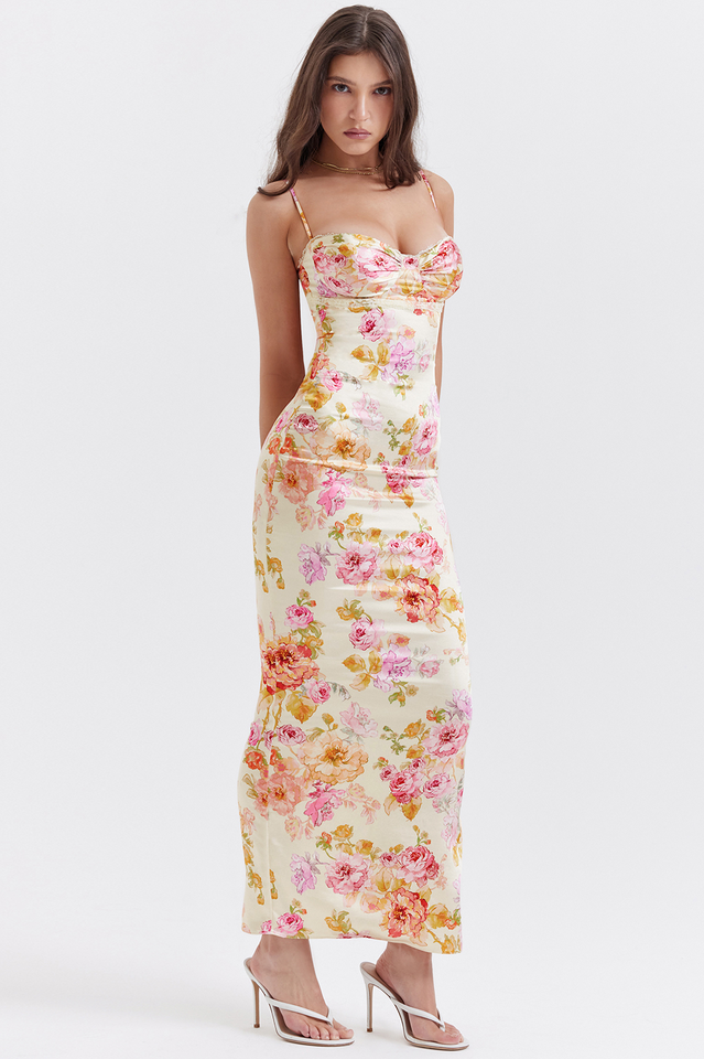 Floral Print Sweetheart Bustier Spaghetti Strap Bodycon Maxi Dress