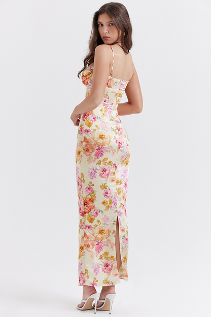 Floral Print Sweetheart Bustier Spaghetti Strap Bodycon Maxi Dress