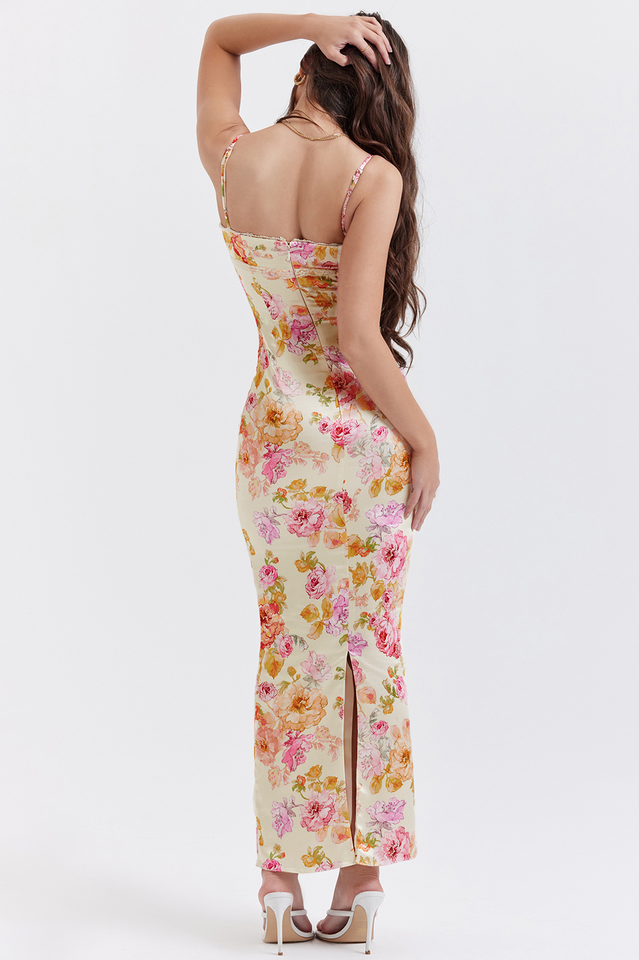 Floral Print Sweetheart Bustier Spaghetti Strap Bodycon Maxi Dress