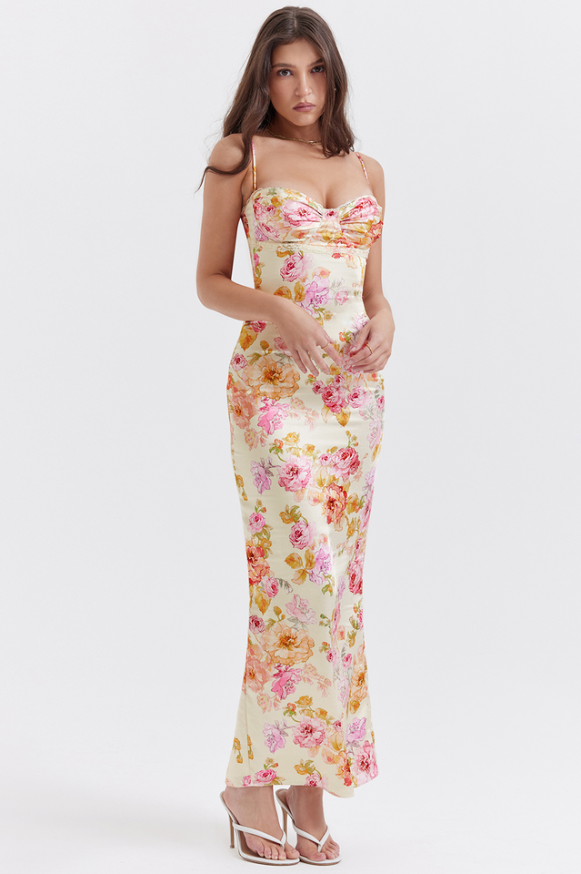 Floral Print Sweetheart Bustier Spaghetti Strap Bodycon Maxi Dress