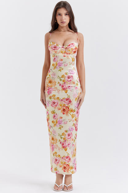 Floral Print Sweetheart Bustier Spaghetti Strap Bodycon Maxi Dress
