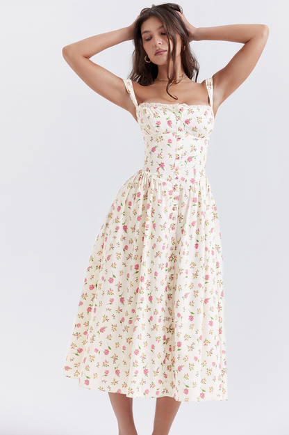 Ditsy Floral Print Square Neck Ruffle Trim Button-Front Bustier Midi Dress