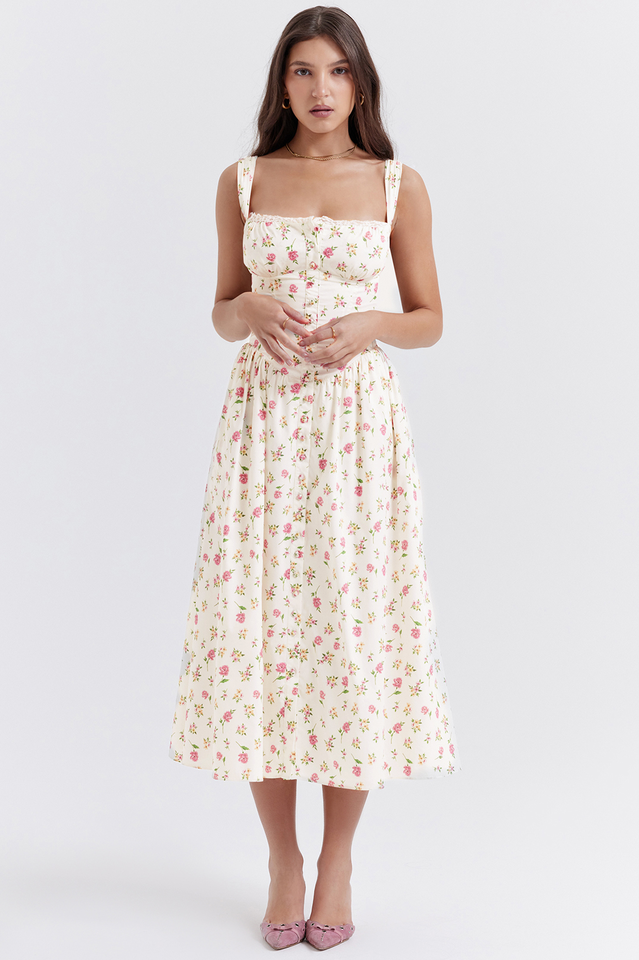 Ditsy Floral Print Square Neck Ruffle Trim Button-Front Bustier Midi Dress