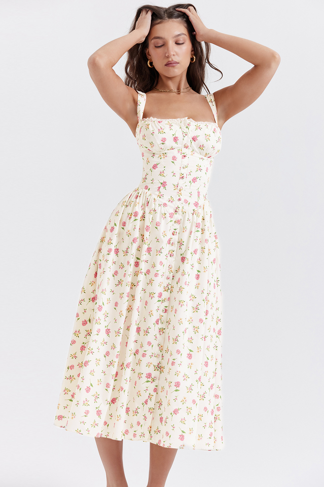 Bustier Square Neck Button Front Ditsy Floral Gathered A-Line Midi Dress
