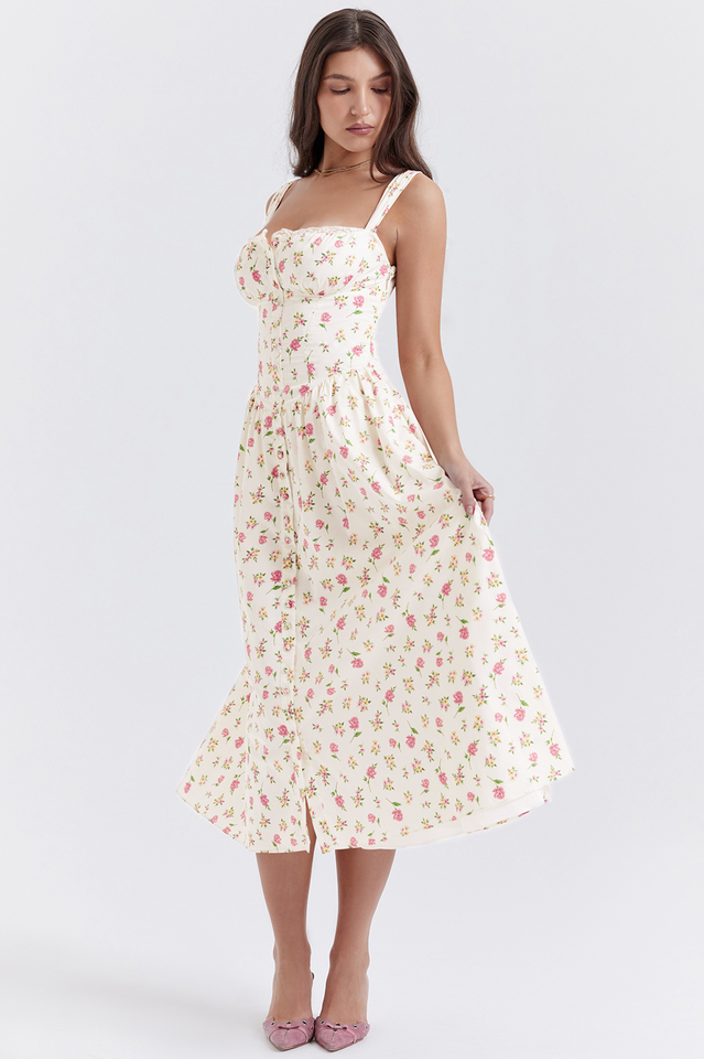 Bustier Square Neck Button Front Ditsy Floral Gathered A-Line Midi Dress
