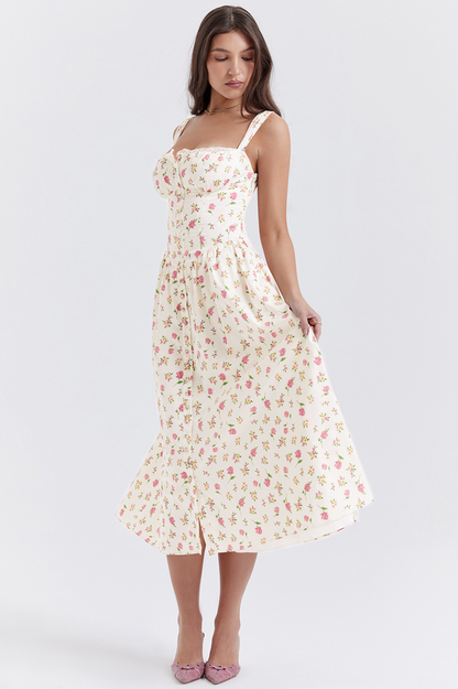 Bustier Square Neck Button Front Ditsy Floral Gathered A-Line Midi Dress