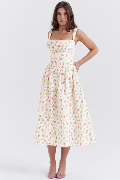 Ditsy Floral Print Square Neck Ruffle Trim Button-Front Bustier Midi Dress