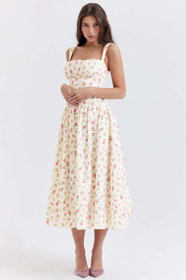 Ditsy Floral Print Square Neck Ruffle Trim Button-Front Bustier Midi Dress