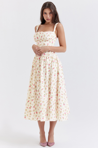 Ditsy Floral Print Square Neck Ruffle Trim Button-Front Bustier Midi Dress