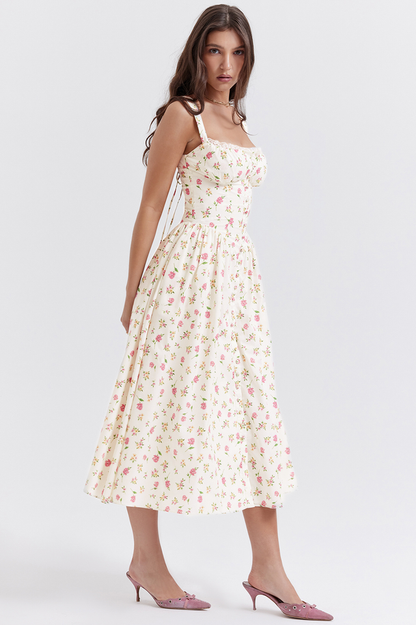 Bustier Square Neck Button Front Ditsy Floral Gathered A-Line Midi Dress
