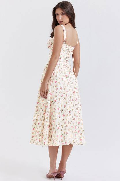 Bustier Square Neck Button Front Ditsy Floral Gathered A-Line Midi Dress