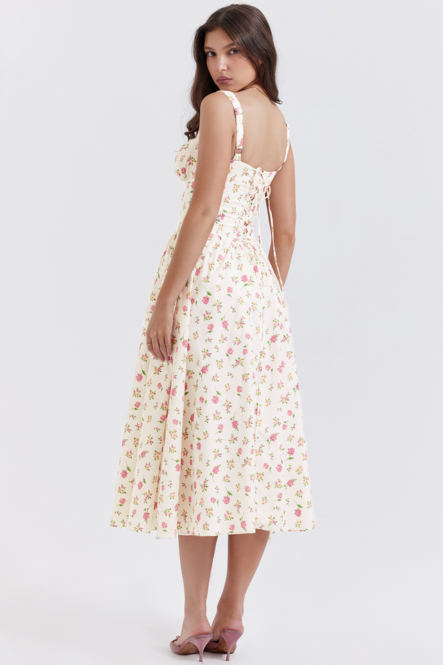 Ditsy Floral Print Square Neck Ruffle Trim Button-Front Bustier Midi Dress