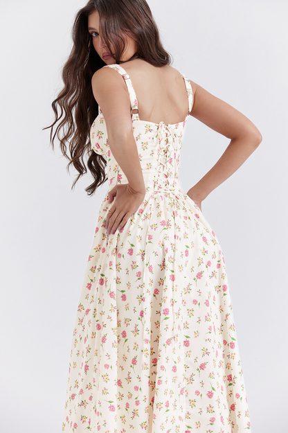 Ditsy Floral Print Square Neck Ruffle Trim Button-Front Bustier Midi Dress