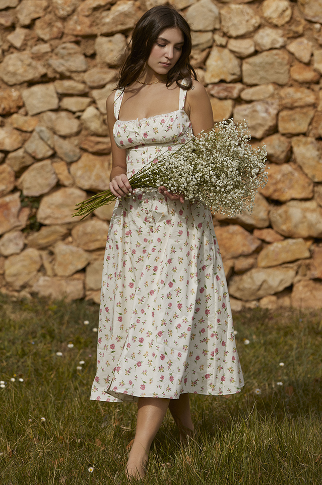 Ditsy Floral Print Square Neck Ruffle Trim Button-Front Bustier Midi Dress