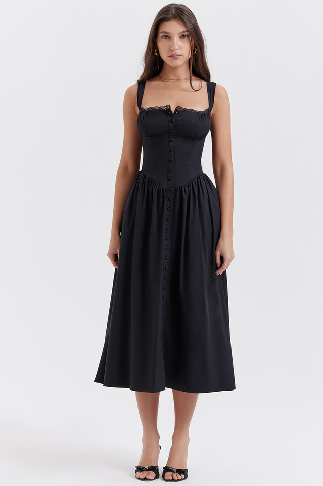 Square Neck Lace Trim Ruched Bust Button-Front Gathered A-Line Midi Dress