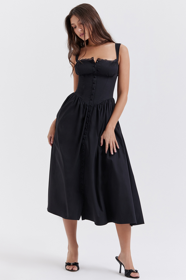 Square Neck Lace Trim Ruched Bust Button-Front Gathered A-Line Midi Dress