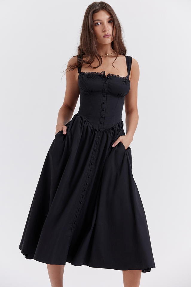Square Neck Lace Trim Ruched Bust Button-Front Gathered A-Line Midi Dress