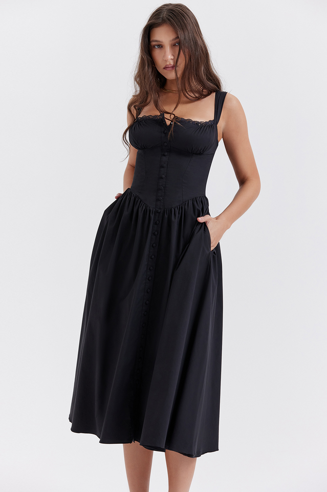 Square Neck Lace Trim Ruched Bust Button-Front Gathered A-Line Midi Dress