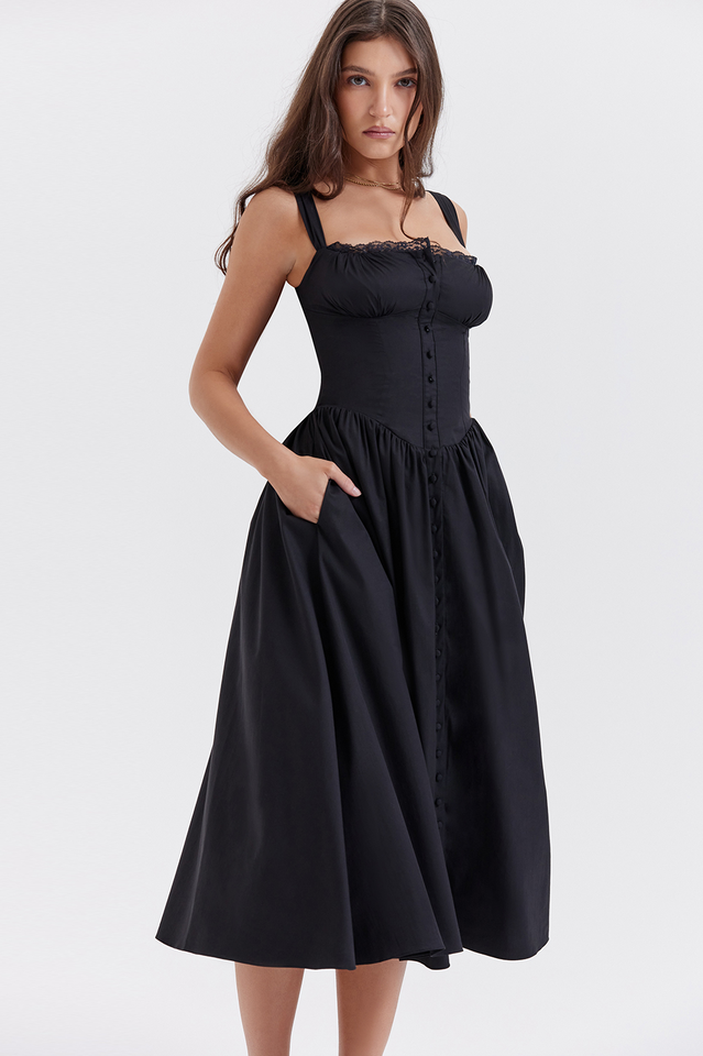 Sweetheart Lace Trim Bustier Button Front Basque Waist Gathered Midi Dress