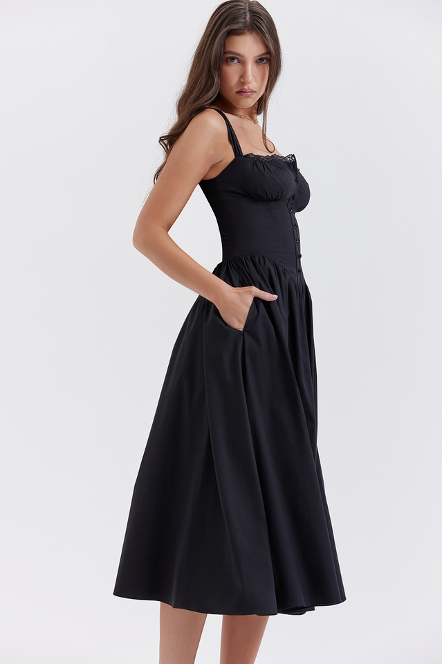 Square Neck Lace Trim Ruched Bust Button-Front Gathered A-Line Midi Dress