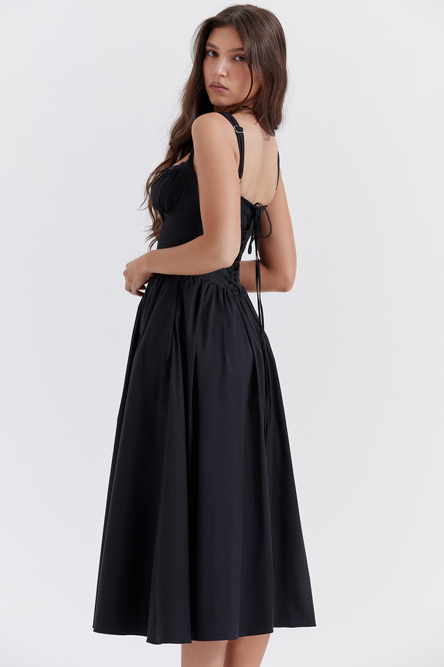 Sweetheart Lace Trim Bustier Button Front Basque Waist Gathered Midi Dress