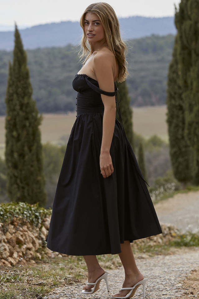 Square Neck Lace Trim Ruched Bust Button-Front Gathered A-Line Midi Dress