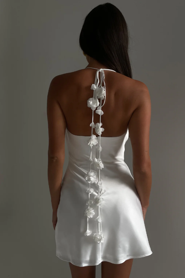 Halter Neck Backless 3D Floral Applique Cascade Tie Strap Satin Mini Dress