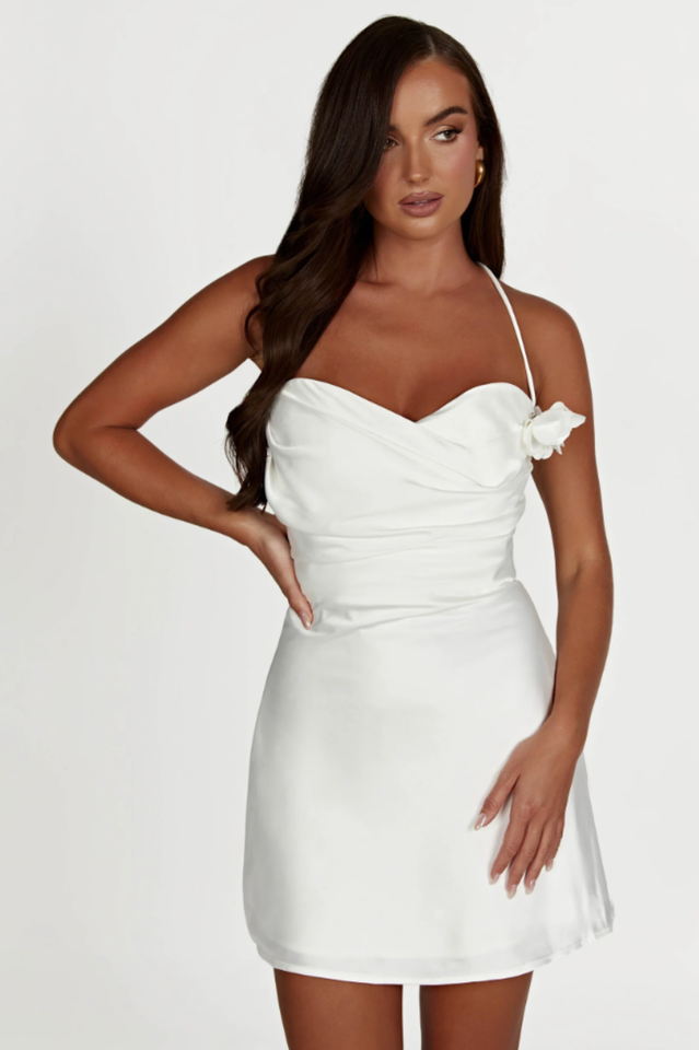 Halter Neck Backless 3D Floral Applique Cascade Tie Strap Satin Mini Dress