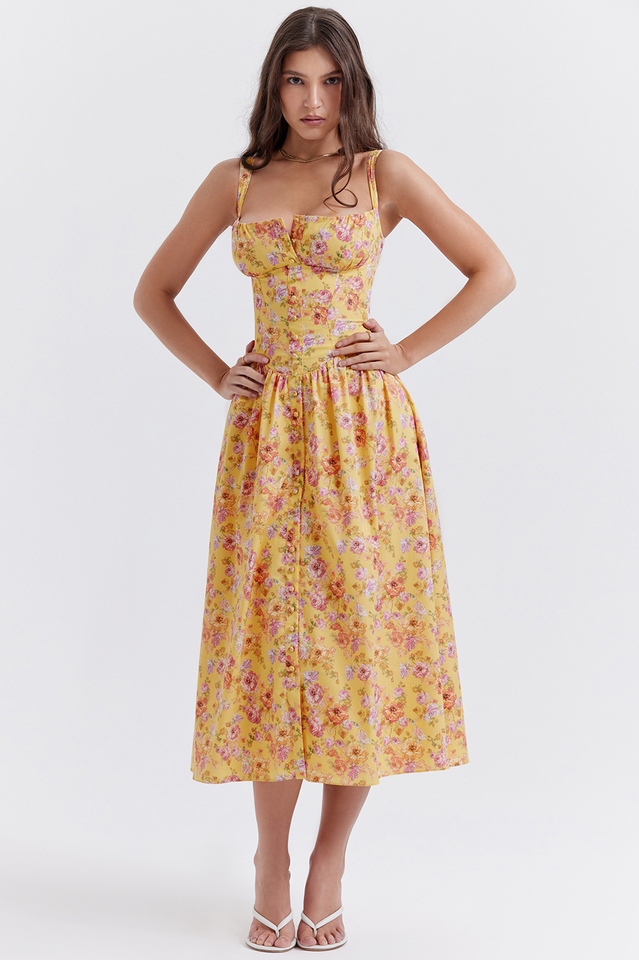 Floral Print Sweetheart Corset Bodice Button-Front Midi Dress