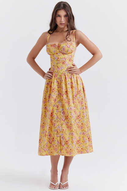 Floral Print Sweetheart Corset Bodice Button-Front Midi Dress