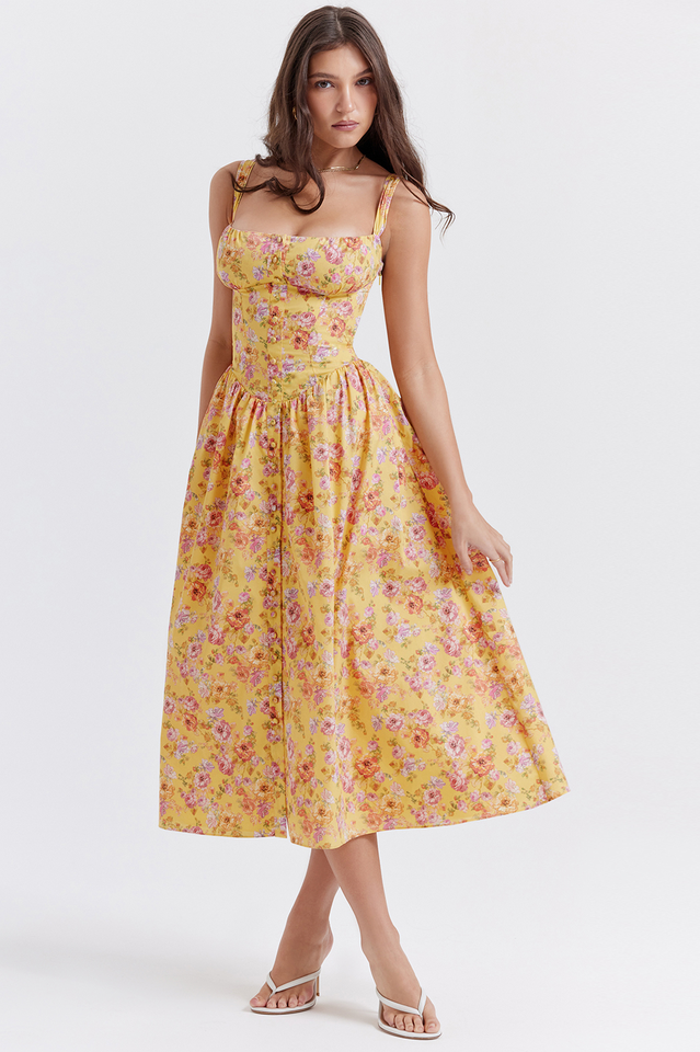 Floral Print Sweetheart Corset Bodice Button-Front Midi Dress