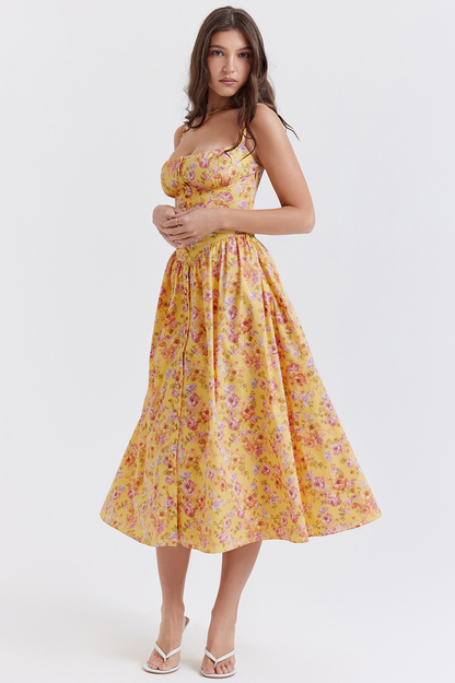 Floral Print Sweetheart Corset Bodice Button-Front Midi Dress
