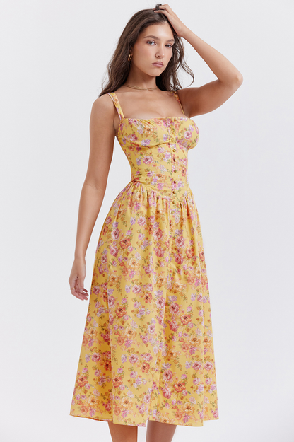 Floral Print Sweetheart Corset Bodice Button-Front Midi Dress