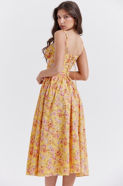 Floral Print Sweetheart Corset Bodice Button-Front Midi Dress
