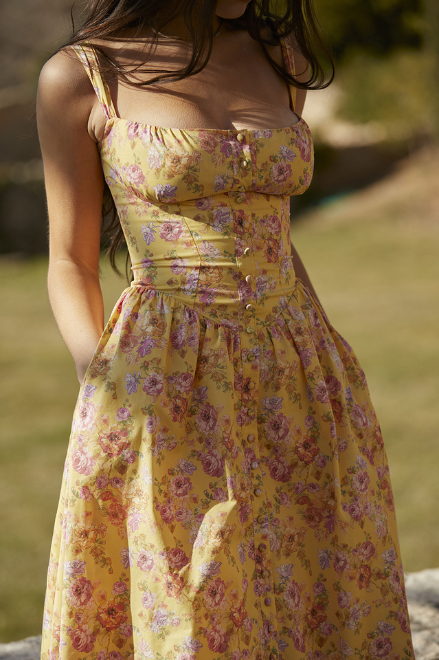 Floral Print Sweetheart Corset Bodice Button-Front Midi Dress