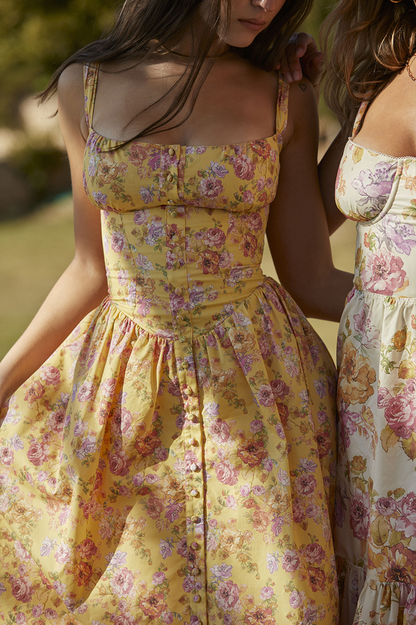 Floral Print Sweetheart Corset Bodice Button-Front Midi Dress
