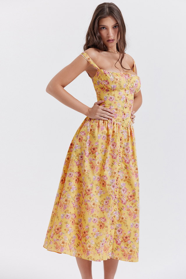 Floral Print Sweetheart Corset Bodice Button-Front Midi Dress
