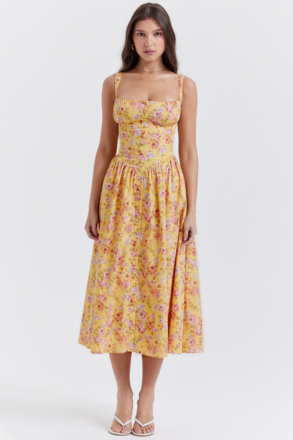Floral Print Sweetheart Corset Bodice Button-Front Midi Dress