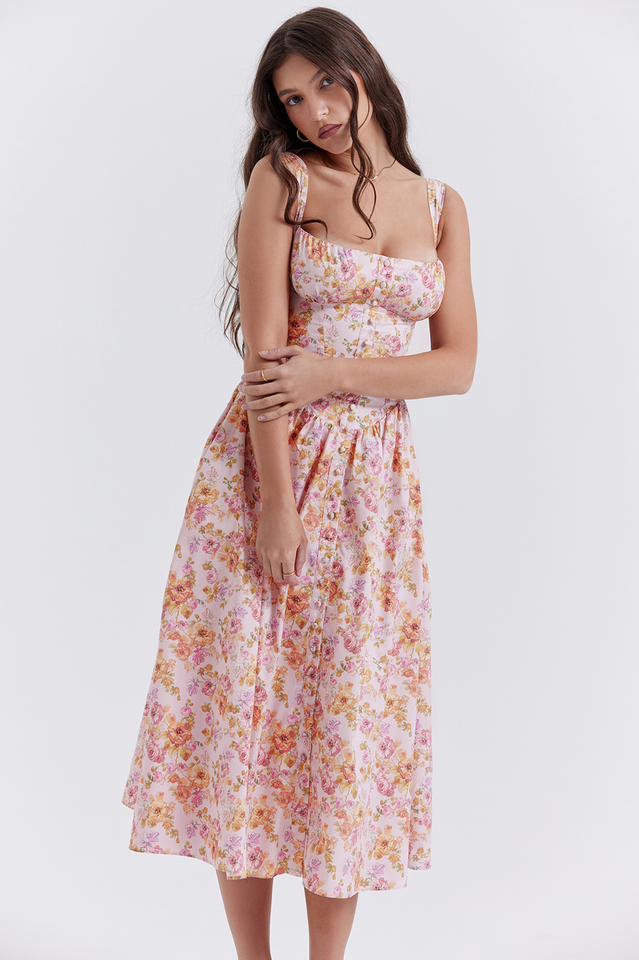 Floral Print Corset Bodice Square Neck Button-Front Pocket Midi Dress