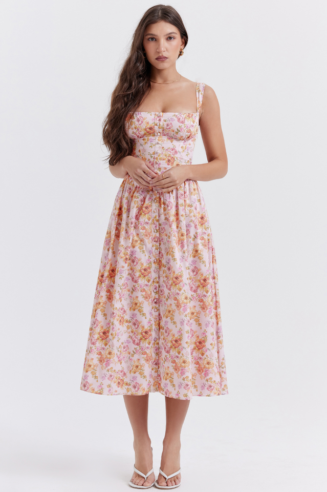 Corset Bustier Button Front Floral Pleated Pocket Midi Dress