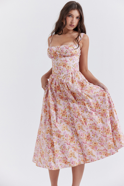 Floral Print Corset Bodice Square Neck Button-Front Pocket Midi Dress