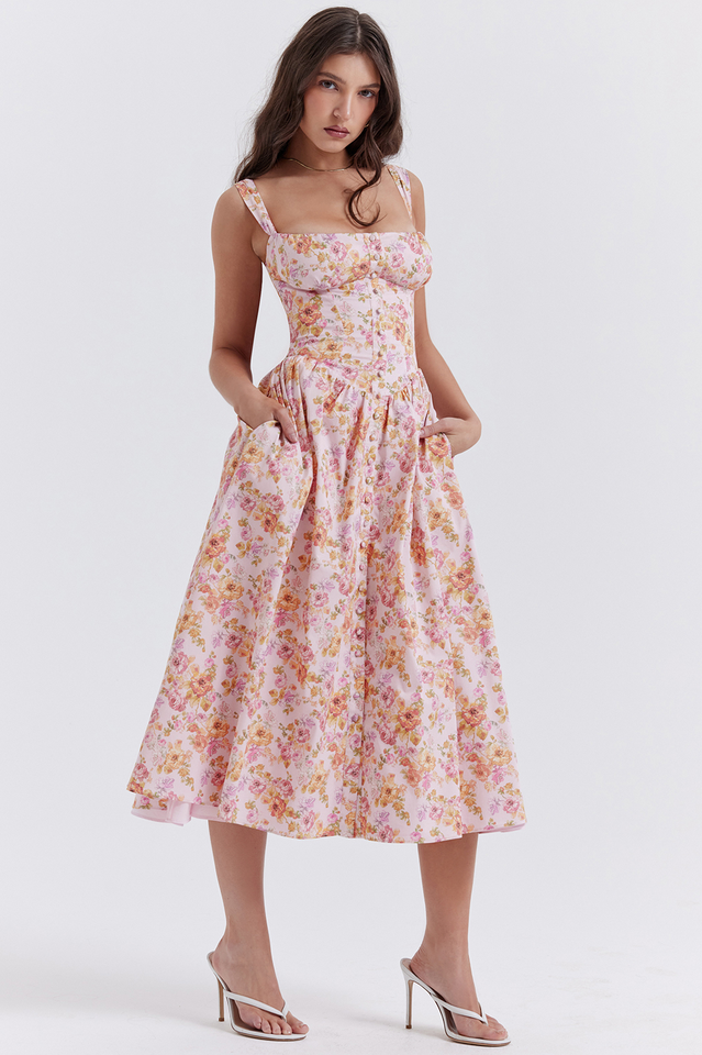 Corset Bustier Button Front Floral Pleated Pocket Midi Dress