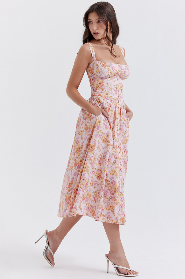 Floral Print Corset Bodice Square Neck Button-Front Pocket Midi Dress
