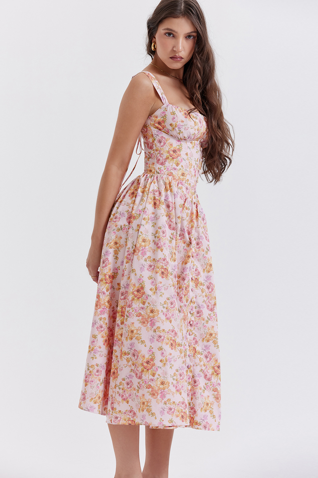 Floral Print Corset Bodice Square Neck Button-Front Pocket Midi Dress