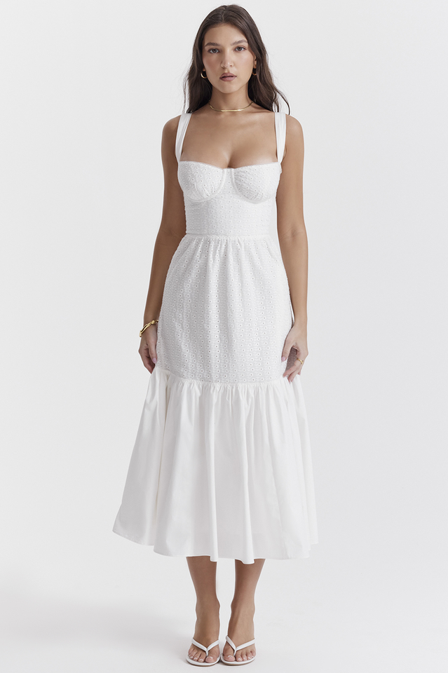 Sweetheart Neck Bustier Broderie Anglaise Tiered Ruffle Hem Midi Dress