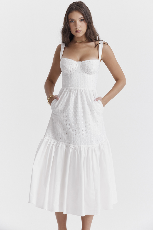Sweetheart Neck Bustier Broderie Anglaise Tiered Ruffle Hem Midi Dress