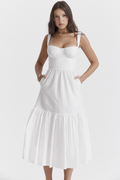 Broderie Anglaise Bustier Sweetheart Tiered Ruffle Hem Midi Dress