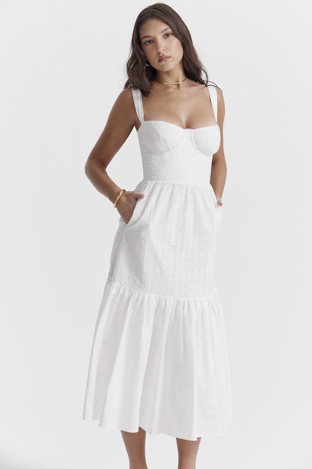 Broderie Anglaise Bustier Sweetheart Tiered Ruffle Hem Midi Dress