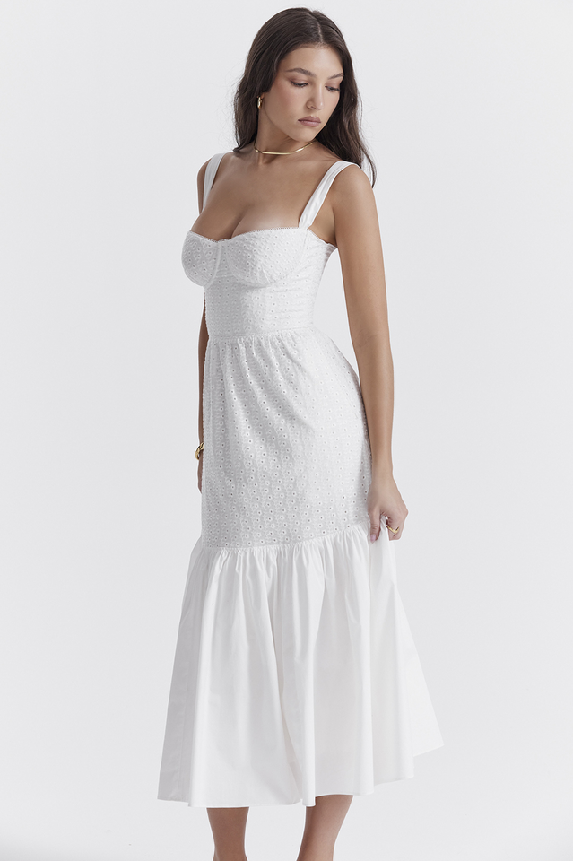 Sweetheart Neck Bustier Broderie Anglaise Tiered Ruffle Hem Midi Dress