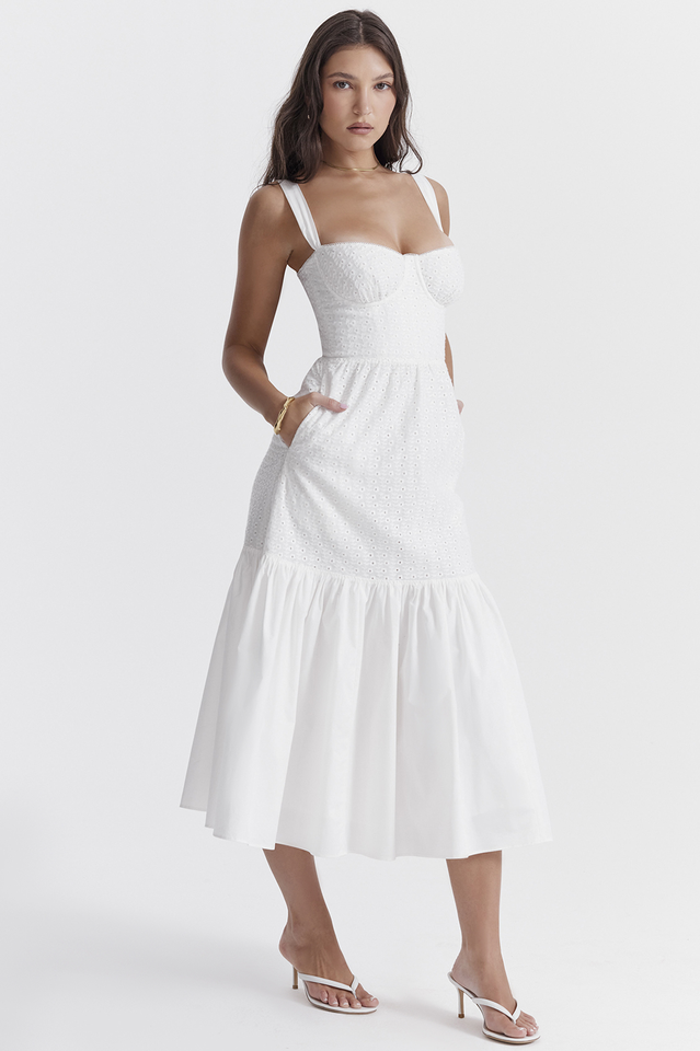 Broderie Anglaise Bustier Sweetheart Tiered Ruffle Hem Midi Dress